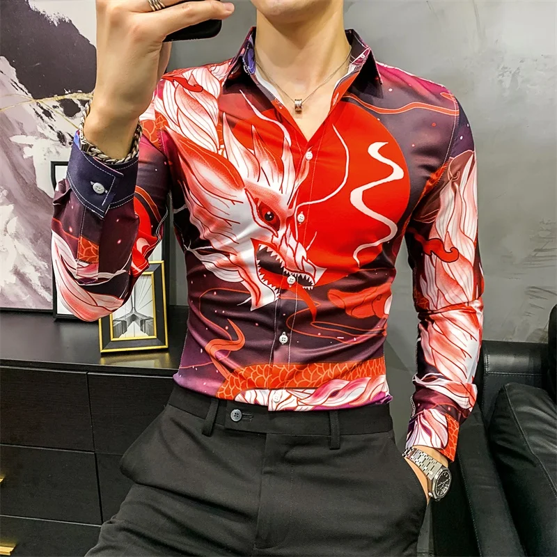 

2021 Spring Korean Shirt Social Party Slim Fit Luxury Dress Shirt Camisa Masculina Flower Shirt Men Color Dragon Print Men Shirt