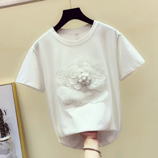 Летняя белая футболка женская с цветочным принтом Новая трехмерная свободная