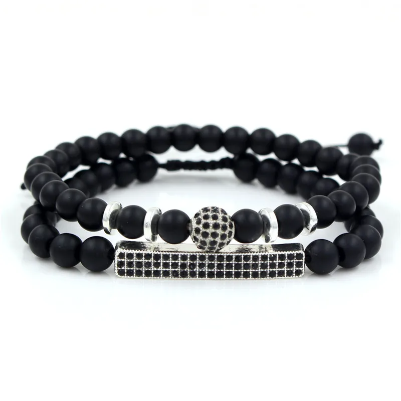 

2pc/sets Natural 6mm Stone Beaded Micro Pave CZ 8mm Disco Ball & Bar Charms Braiding Elastic Couple Bracelets Sets for Women Men