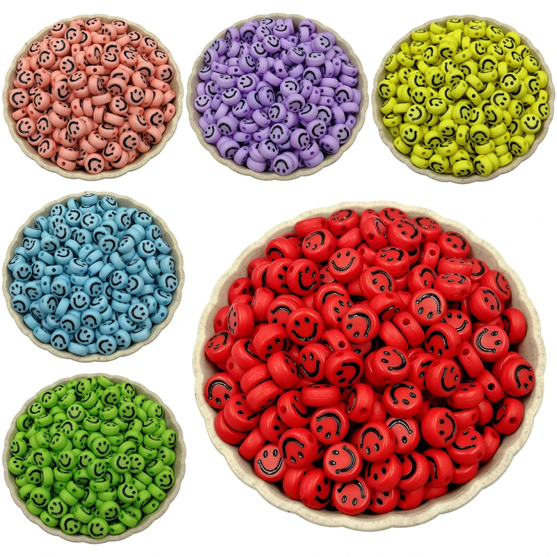 

50/100PCS Candy Color Acrylic Round Cute Smiling Face Beads With Hole Findings Jewelry Accessories Beads For DIY Jewelry Making