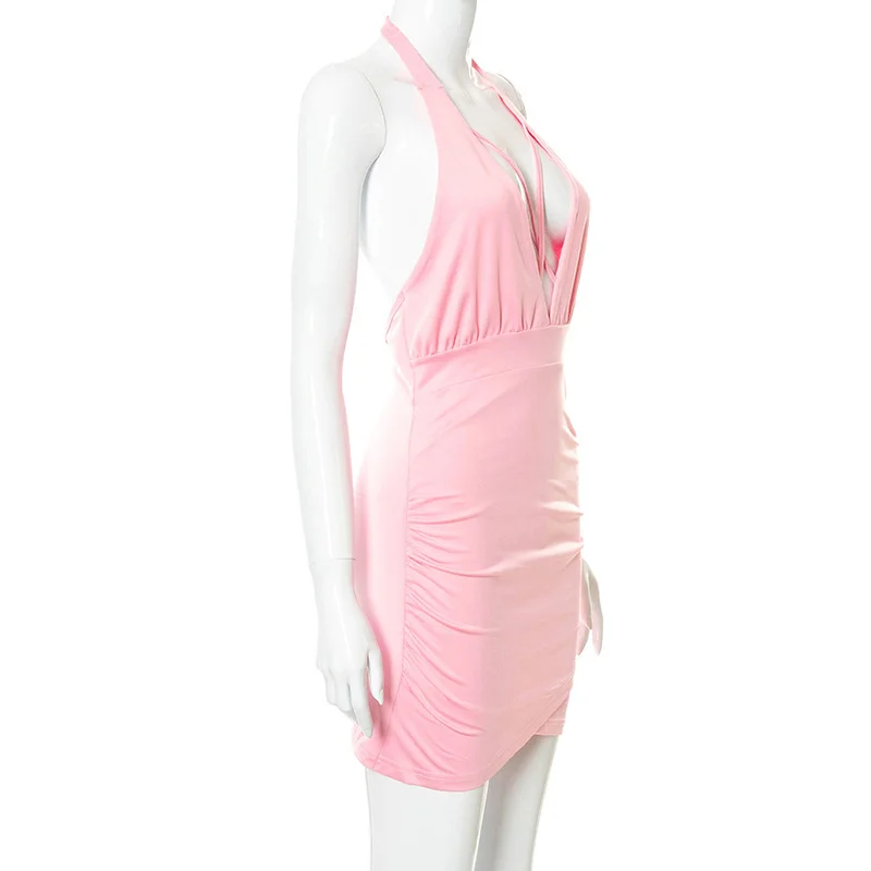 

Sexy Sleeveless Backless PINK Dress Women Deep V-Neck Bodycon Mini Dresses 2021 Summer Night Club Party Wrap Ruched Vestidos