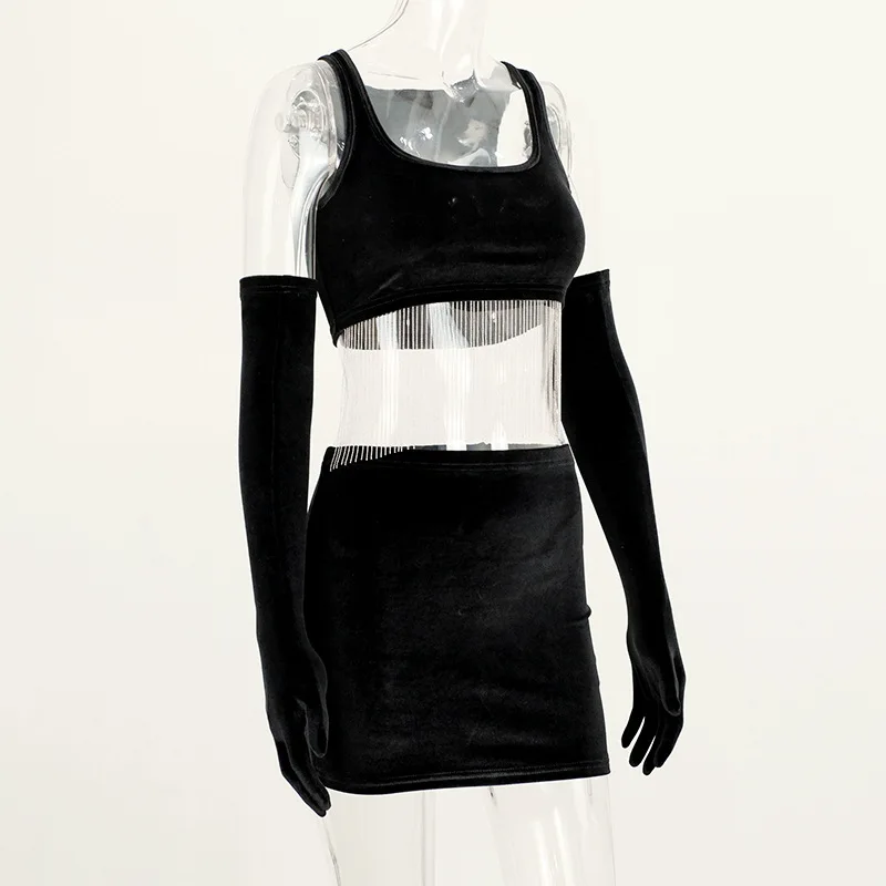 Черный бархат осень 2019 женские сексуальные майки с кисточками Короткие топы