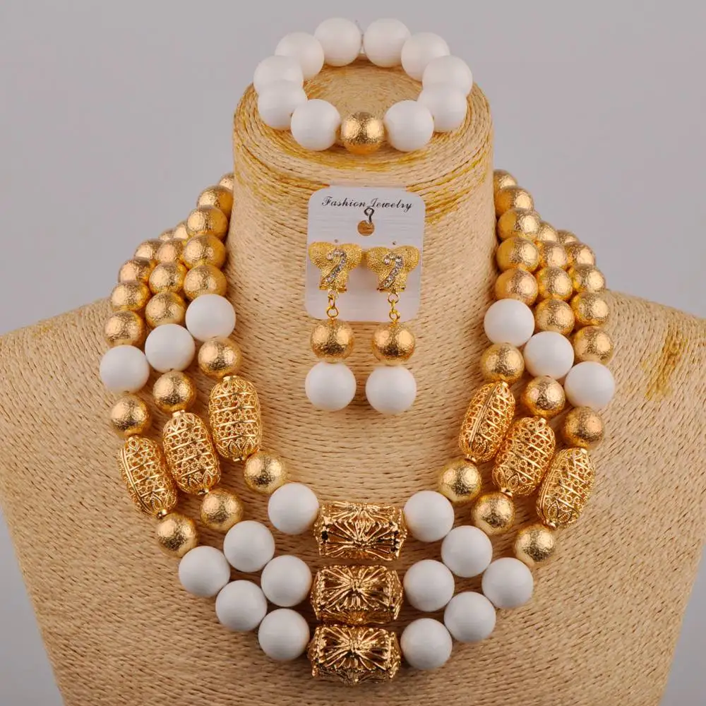 

Nigerian Bride Married White Glass Pearl Necklace Bracelet Earrings African Wedding Bridal Accessories Jewelry Set SH-135