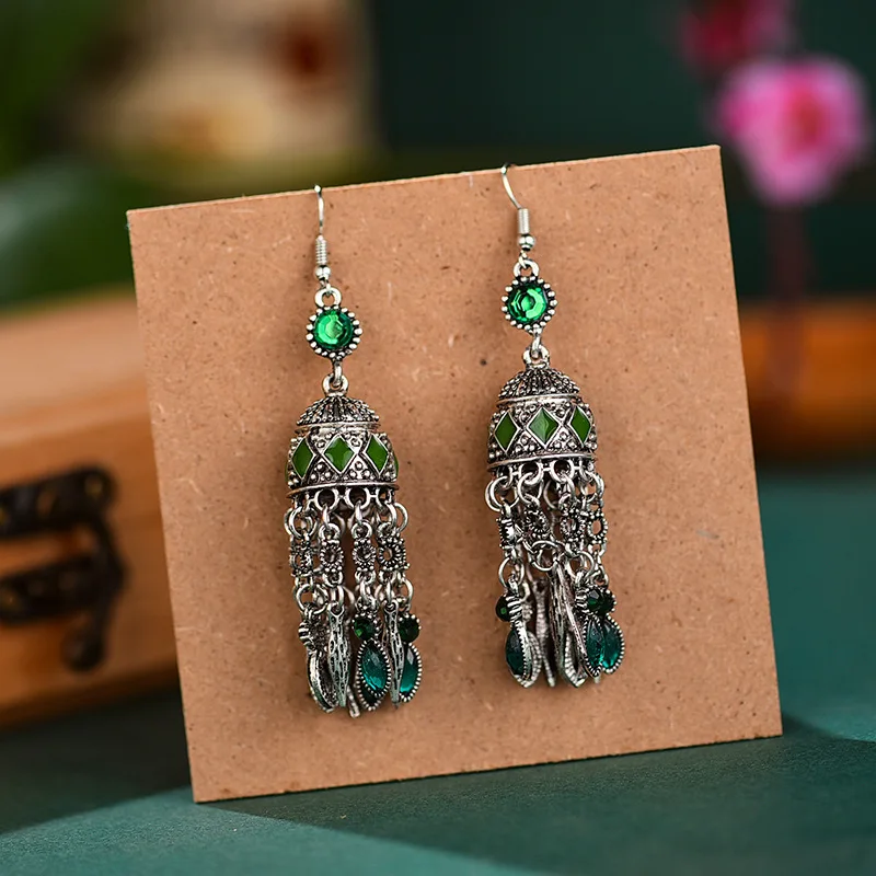 

Mexico Retro Women's Tassel Long Earrings Ethnic India Birdcage Red Crystal Beads Wedding Earrings Gypsy Tibetan Jewelry Hangers