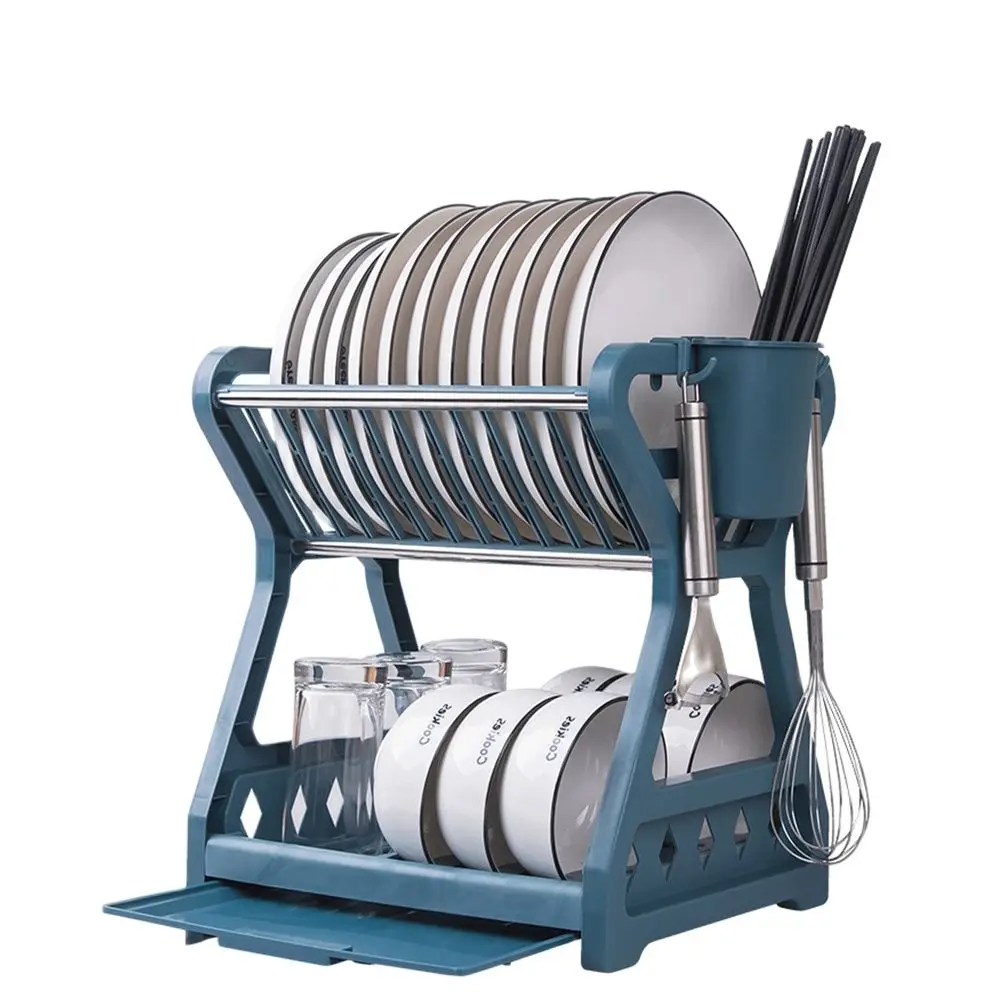 

Двухуровневая подставка для посуды, пластиковый стеллаж для посуды с крючками, стеллаж для хранения кухонной посуды, стеллаж для хранения