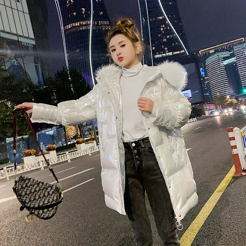 2020 New Long Glossy Hooded Parka Jacket Women Warm Thicken With Fur Collar White Long Winter Coats Parka