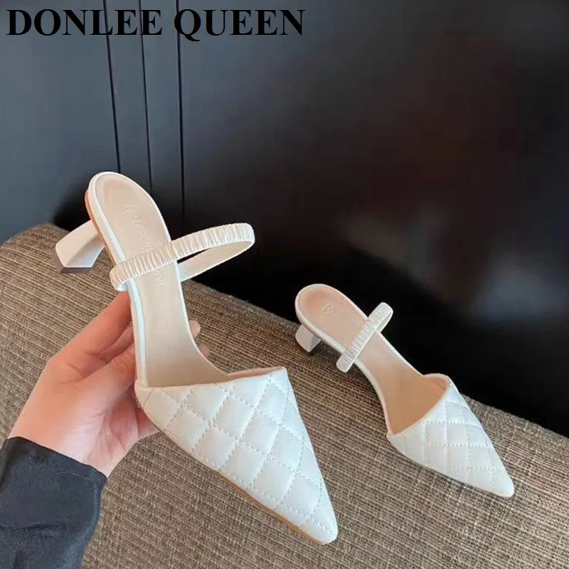 

Thin Med Heel Slippers Pointed Toe Shoes Woman Elegant Mules Shoes Brand Embroidery Heel Outdoors Slides Women Slipper For Party
