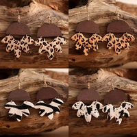 geometric semicircle wood link leopard zebra animal print genuine leather flower drop earrings women fashion creative jewelry
