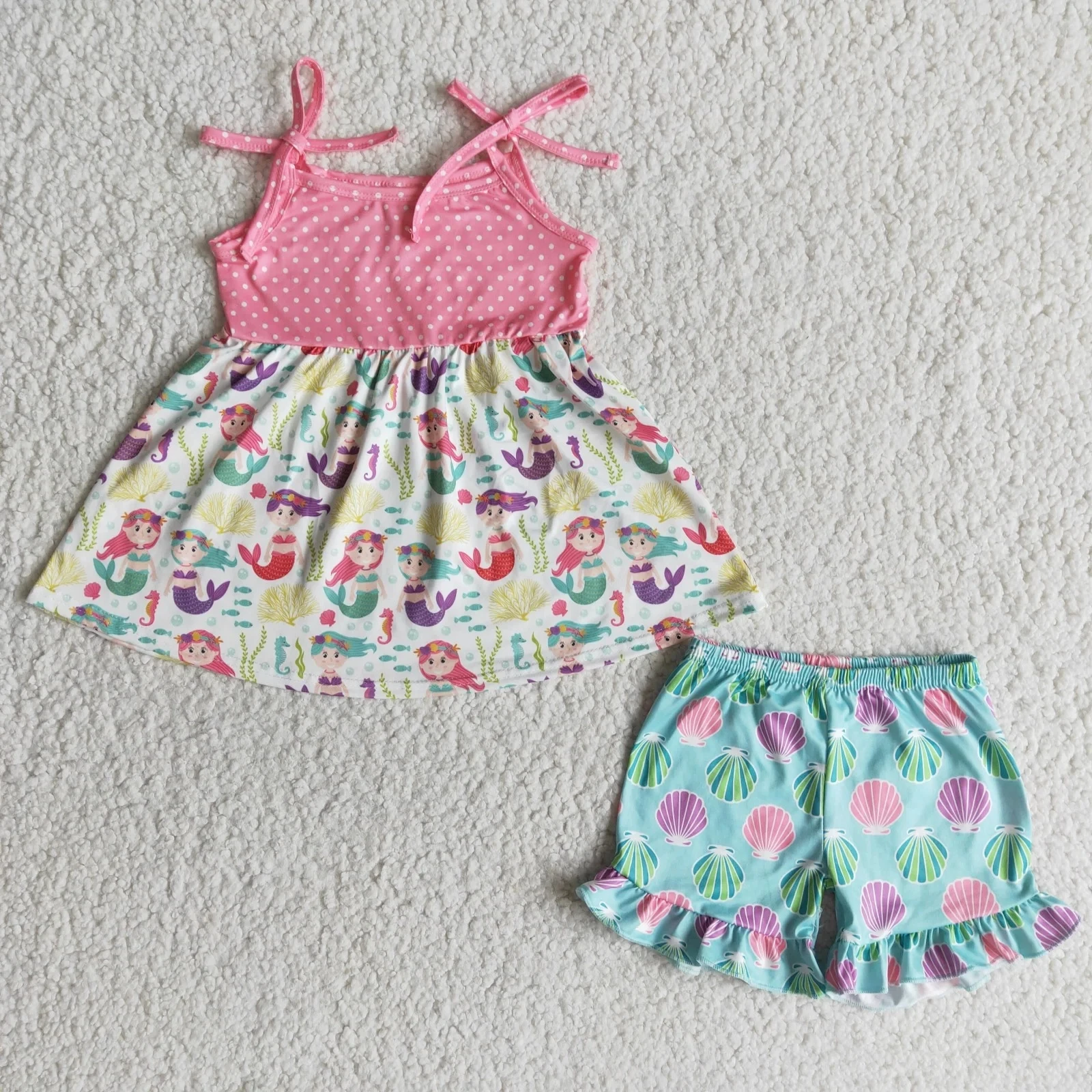 

Wholesale Summer Baby Girl Mermaid Clothing Kids Slip Dots Top Set Toddler Ruffle Shell Green Shorts Children Outfit Clothes