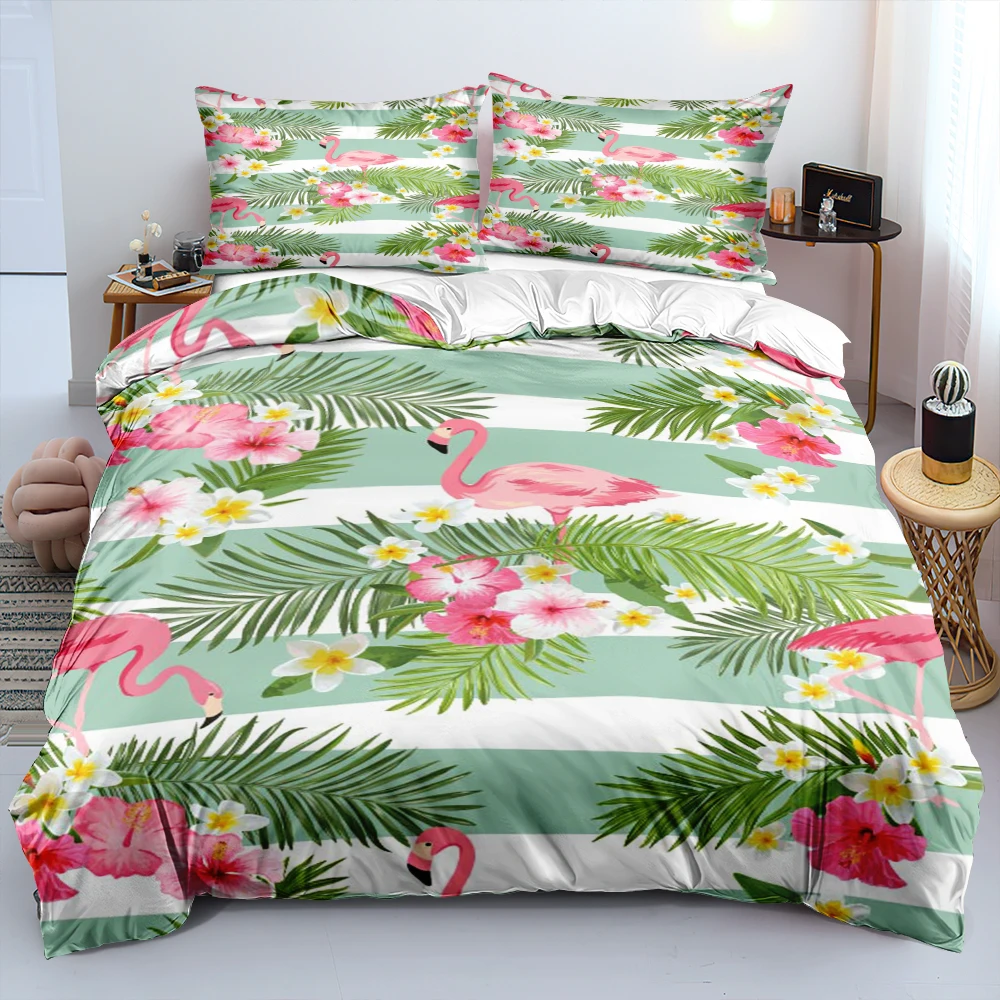 

Green Tropical Leaves Pink Flamingo Bedding Set Comforter Cover Set Twin Double King Size Soft Bed Linen Bedroom Decoration