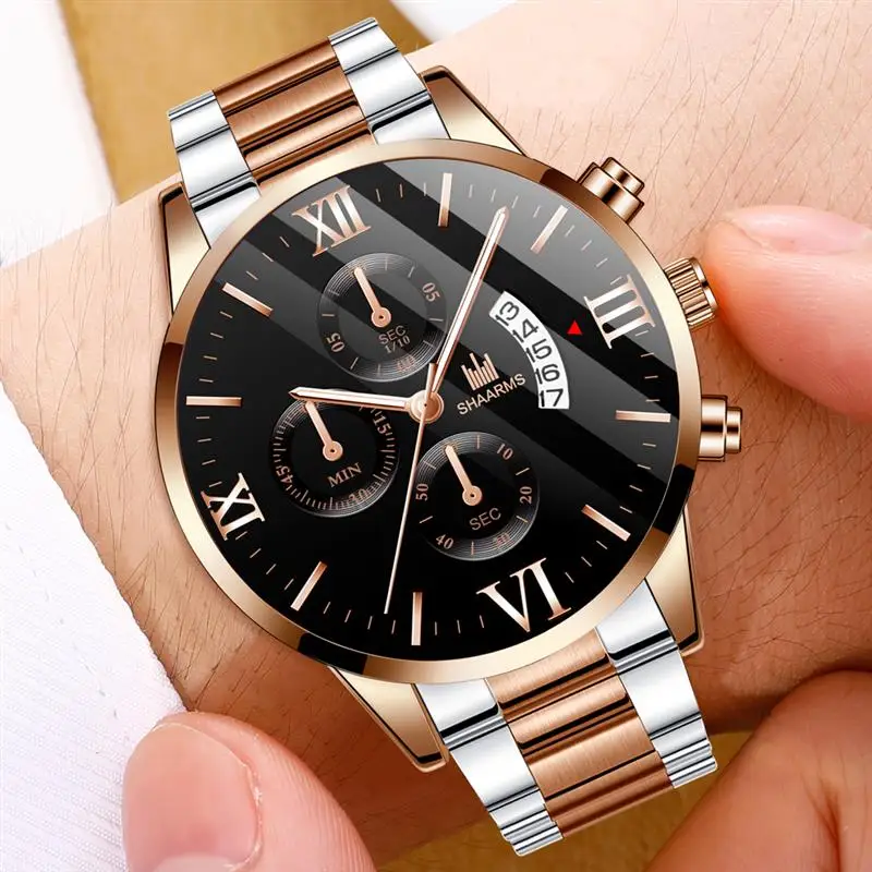 Модные мужские черные часы из нержавеющей стали аналоговые кварцевые роскошные