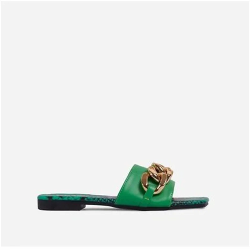 

Slippers Women 2021 Sexy Leopard Print Metal Chain Buckle Ladies Slippers Large Size Square Head Flat Slippers for Women