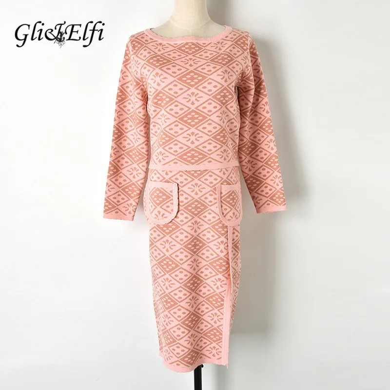 Женский розовый костюм Цветочный винтажный жаккардовый вязаный короткий