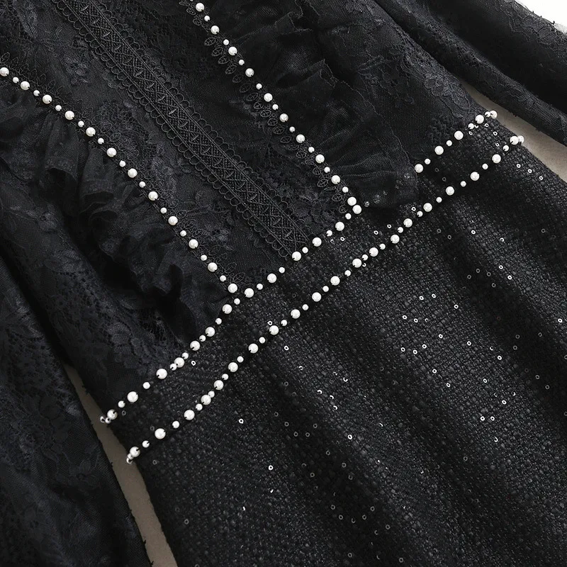 

2020 New Autumn Winter Clothes for Women High Quality Runway Fashion Long Sleeve Beading Lace Patchwork Party Tweed Woolen Dress