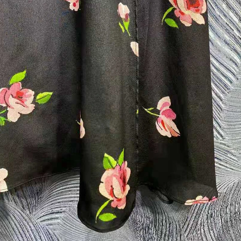 

SEQINYY 100% Silk Dress Summer Spring New Fashion Design Women Runway High Quality Lace Pink Flowers Print Black Elegant Midi