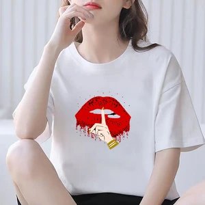 Summer Fashion Shirt Lip Print Theme Graphic T Shirt White Tees 90s Fashion Kawaii Women Tops Base O-neck Top Tees Female