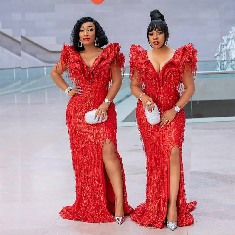 

Shwaepepty Glitter Red Sequin Tassel Mermaid Evening Dresses African Women V-Neck Side Split Long Formal Party Gowns Prom Dress