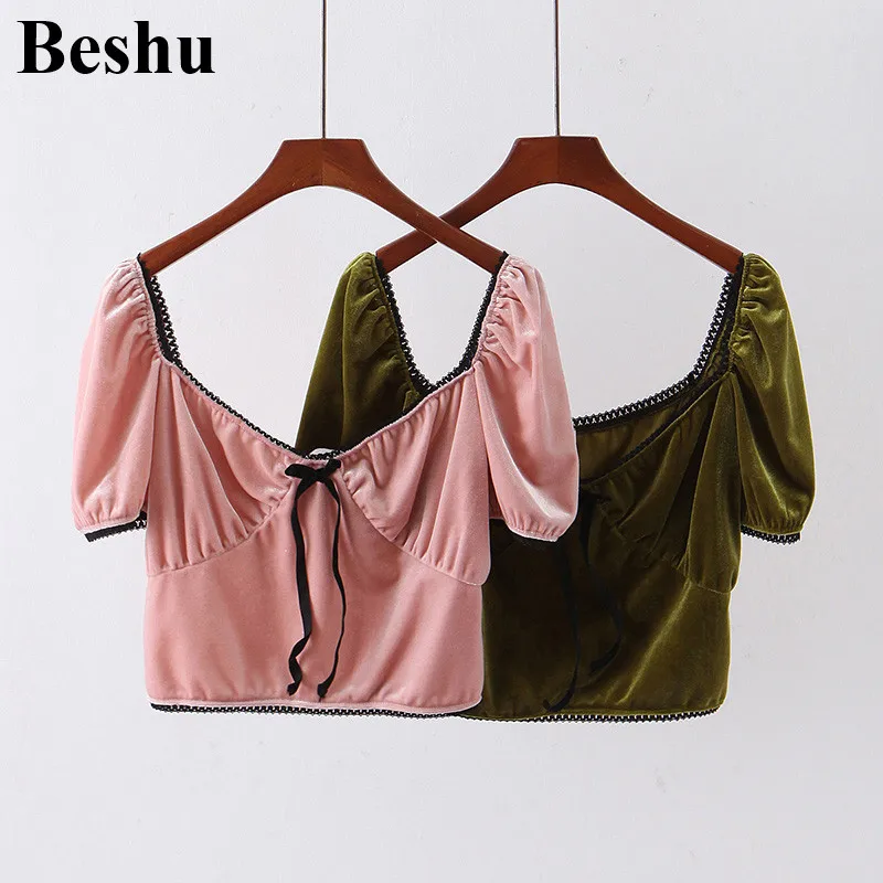 Женская Вельветовая блуза za Элегантная короткая блузка 2 цветов с v-образным