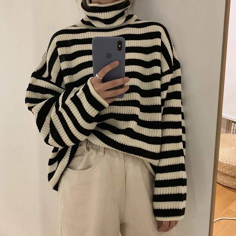 

Women Stripes Sweater Harajuku Winter Vintage Women Thickening Loose Warm Turtleneck Casual Sweater 2021