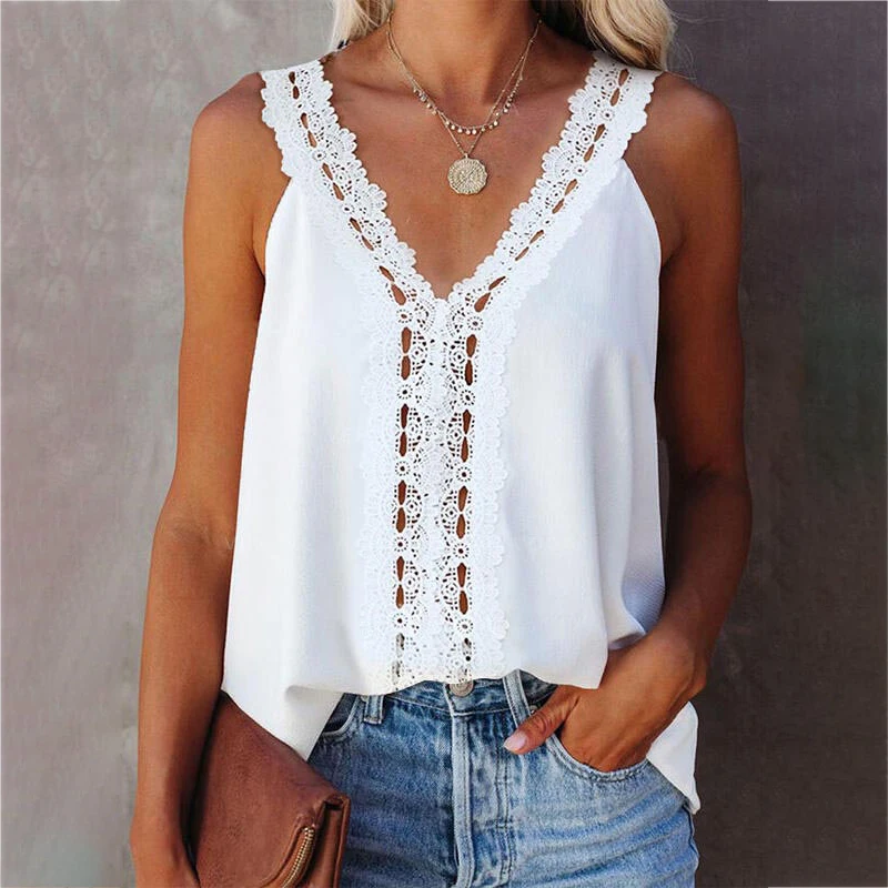 

2021 Summer New Fashion Loose Solid Color Casual Sexy V Neck Sleeveless Ladies Tops Tanks Lace Basic T Shirt Women's Tops