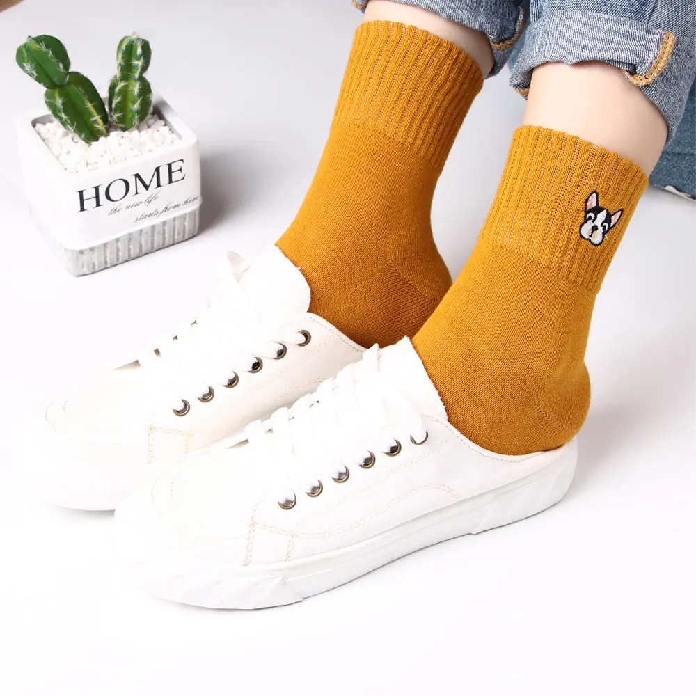 Женские хлопковые носки женские с вышивкой собаки из мультфильма теплые