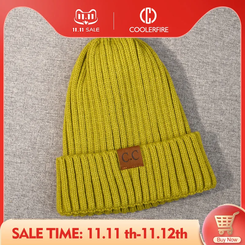 

Winter Women Hats Wool Warm Leather Label Fashion Knitted Hats For Lady Street Tide Pullover Casual Ins Hats AC2122