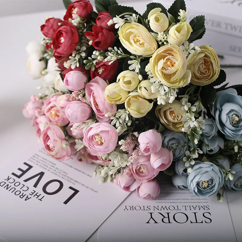 

7 Fork Tea Pieces Simulation Green Plants Idyllic Fake Flower Table Wedding Decoration Rose Bouquet