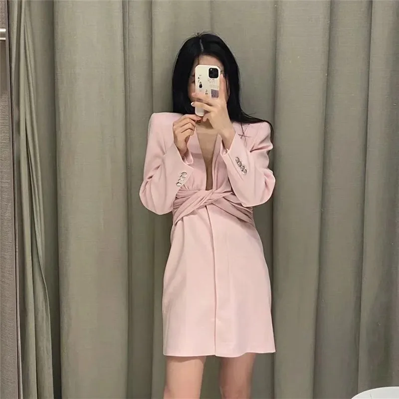 

PSEEWE Za 2021 Pink Mini Blazer Dress Women Elegant Knot Type Long Sleeve Black Short Dresses Ladies Office Wear Woman Dresses