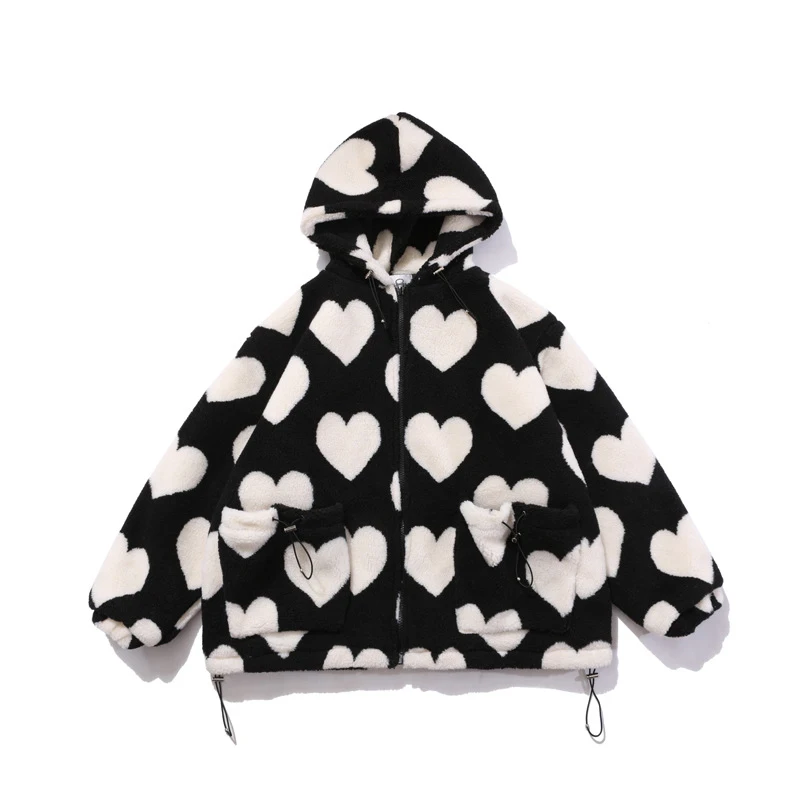 

Hip Hop Flannel Parkas Lambswool Hoodie Jackets Women Streetwear Full Print Heart Winter Harajuku Sherpa Zipper Coat Oversize
