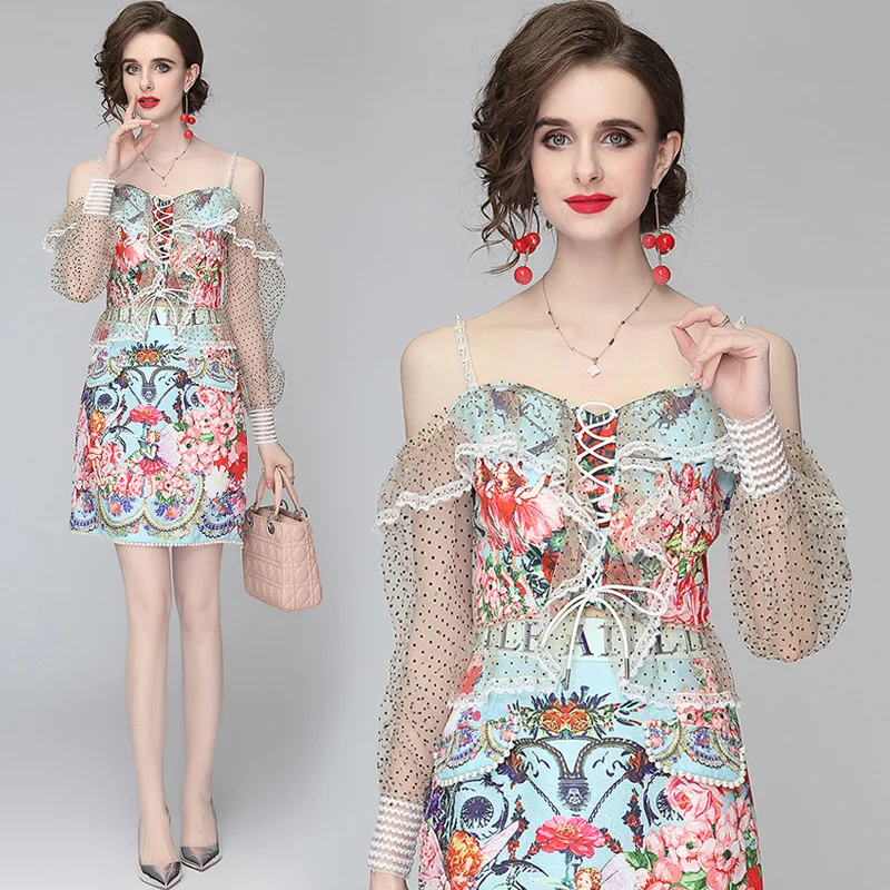 

New summer fashion pure sweet ladies brim minus age suit condole dew shoulder dress skirt two-piece outfit