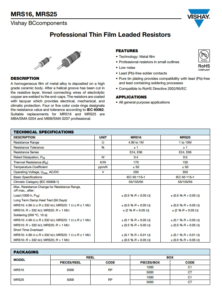 50 шт. VISHAY BC MRS25 0 25 вт 1/4 10K-91K 1% медный ножной металлический пленочный аудио резистор