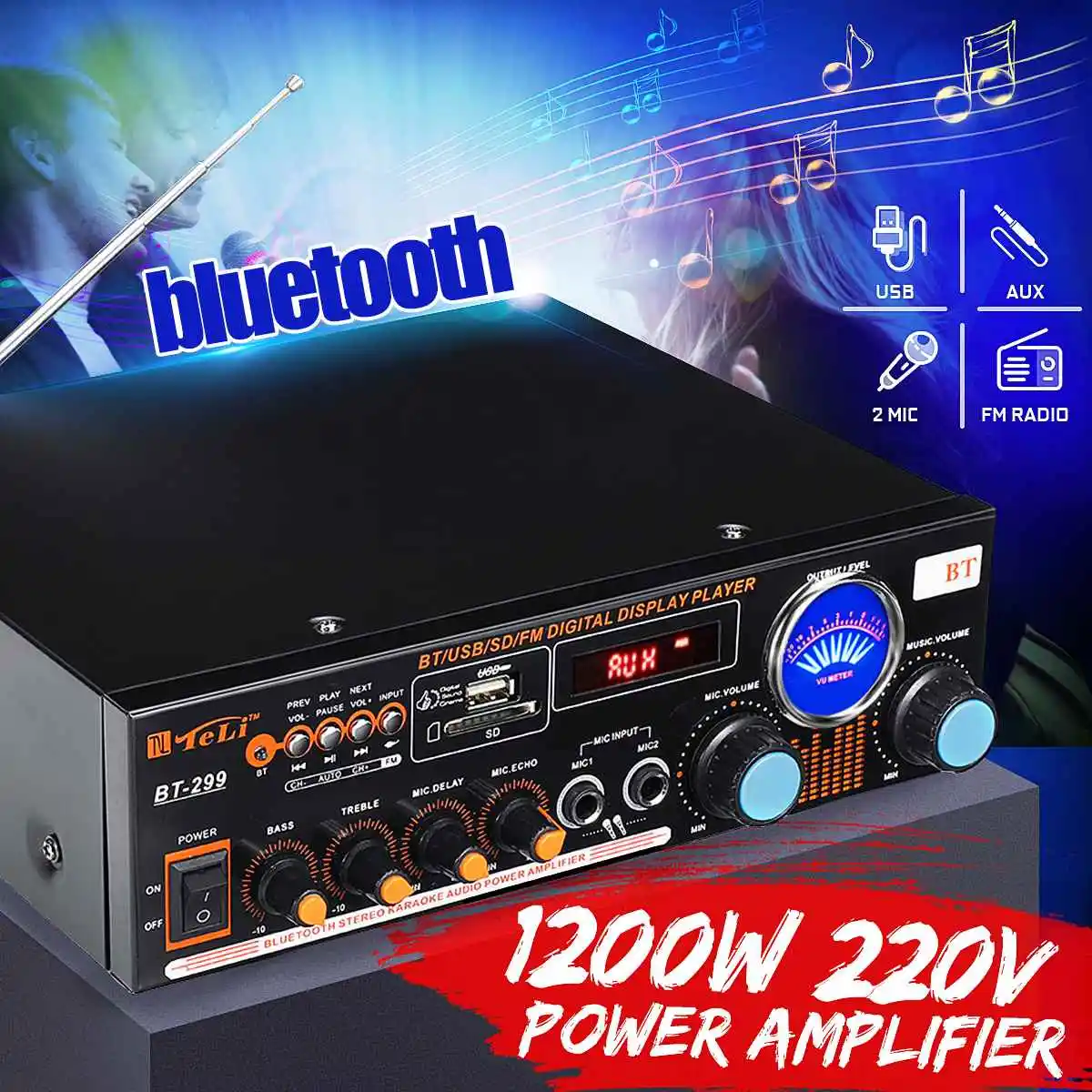 Audew 1200 Вт усилитель мощности HIFI bluetooth дистанционное стерео радио FM SD USB радиомикрофон автомобильный домашний AC220V-240V цифровой светодиодный дисплей