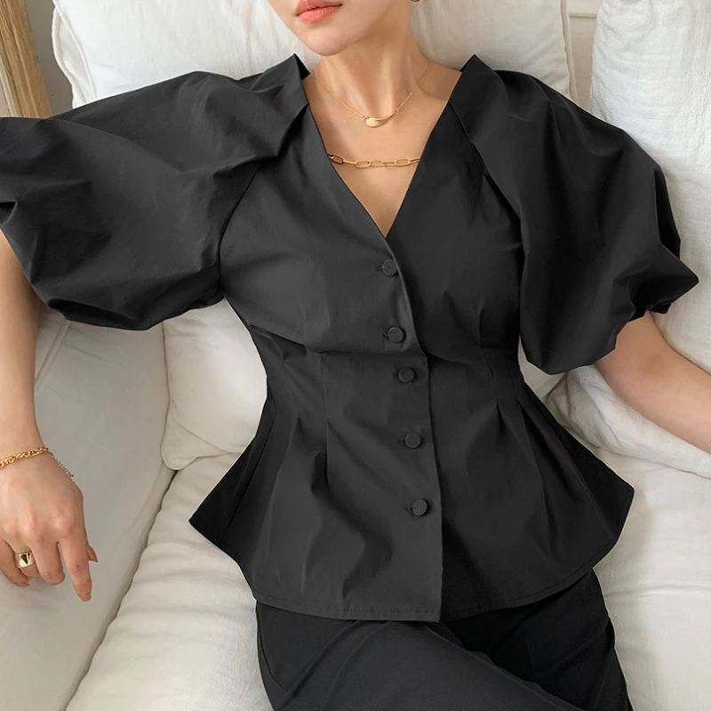 

Zoki Summer Elegant Women Shirt Fashion V Neck Puff Sleeve Black White Tuxedo Shirt High Waist Button Party Ladies Blouse Tops