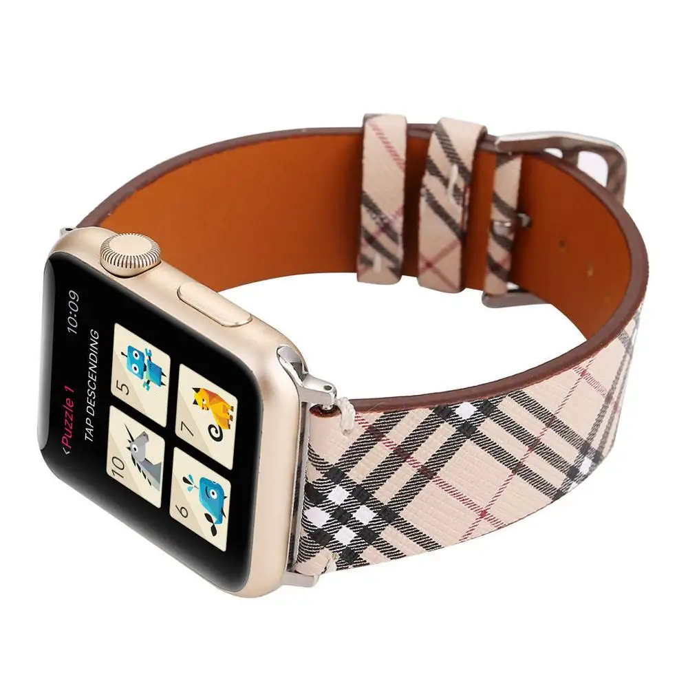 Ремешок из натуральной кожи для iwatch 5 4 3 2 1 ремешок для Apple Watch 38 мм 42 мм 40 мм 44 мм модный клетчатый браслет для часов