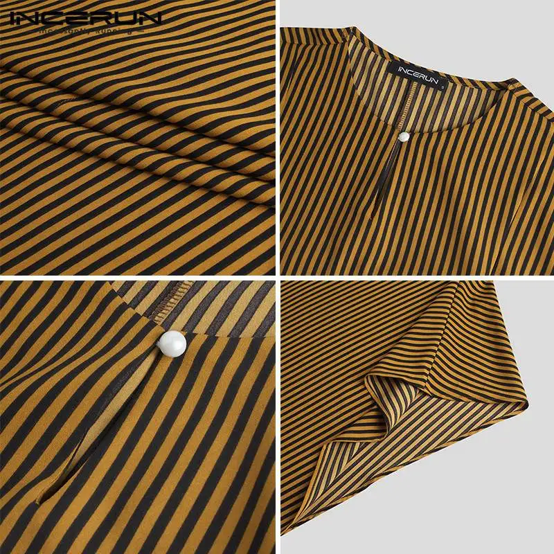 

INCERUN Men Muslim Striped Kaftan O Neck Streetwear Loose Mens Irregular Robes Caftan Vintage Arabic Islamic Jubba Thobe S-5XL