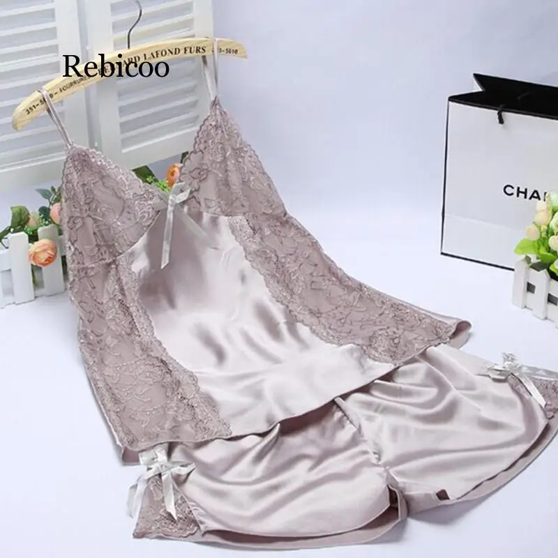 

Satin Silk Pajamas Sets Women Female Sleep Set Women's Deep V-neck Sexy Spaghetti Strap Shorts Sleepwear Pajama Sets For Women