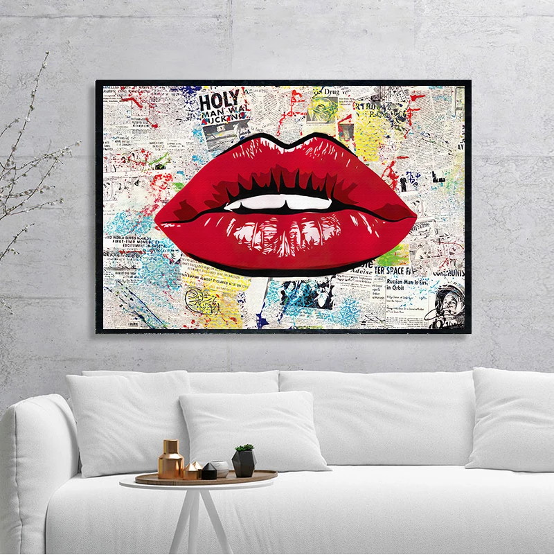 

Сексуальные красные губы, женские плакаты и принты, старая газета на холсте, картина на стену, искусство детской комнаты для девочек, спальн...