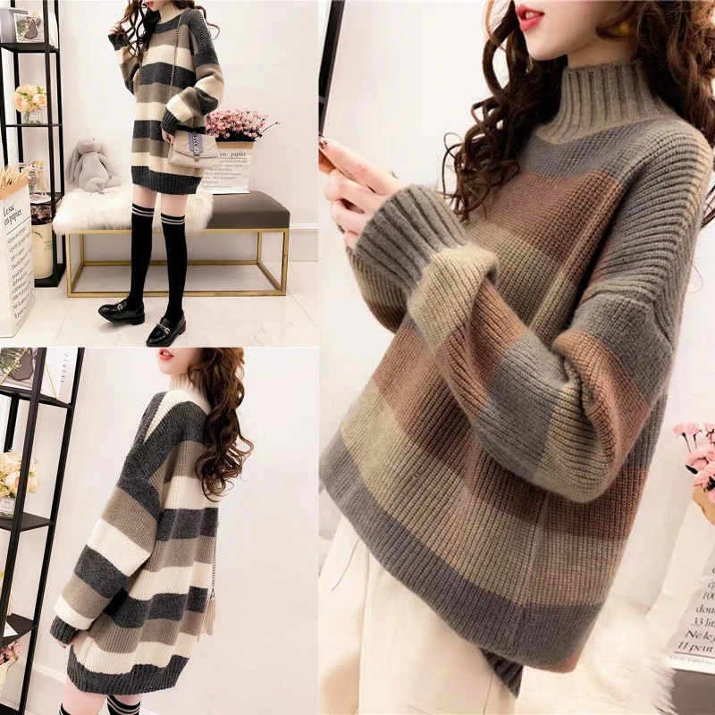 

Женские осень-зима Длинные рукава средней длины вязаный свитер с высоким, плотно облегающим шею воротником, в полоску, свободного кроя, с от...