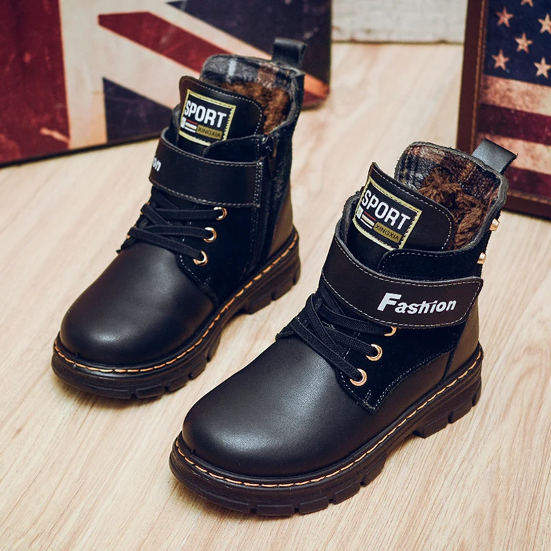 

New Warm Style Martin Boots For Boy Child And Student Velvet Shoes Fashion To Wear More In Winter Genuine Leather Snow Sneakers