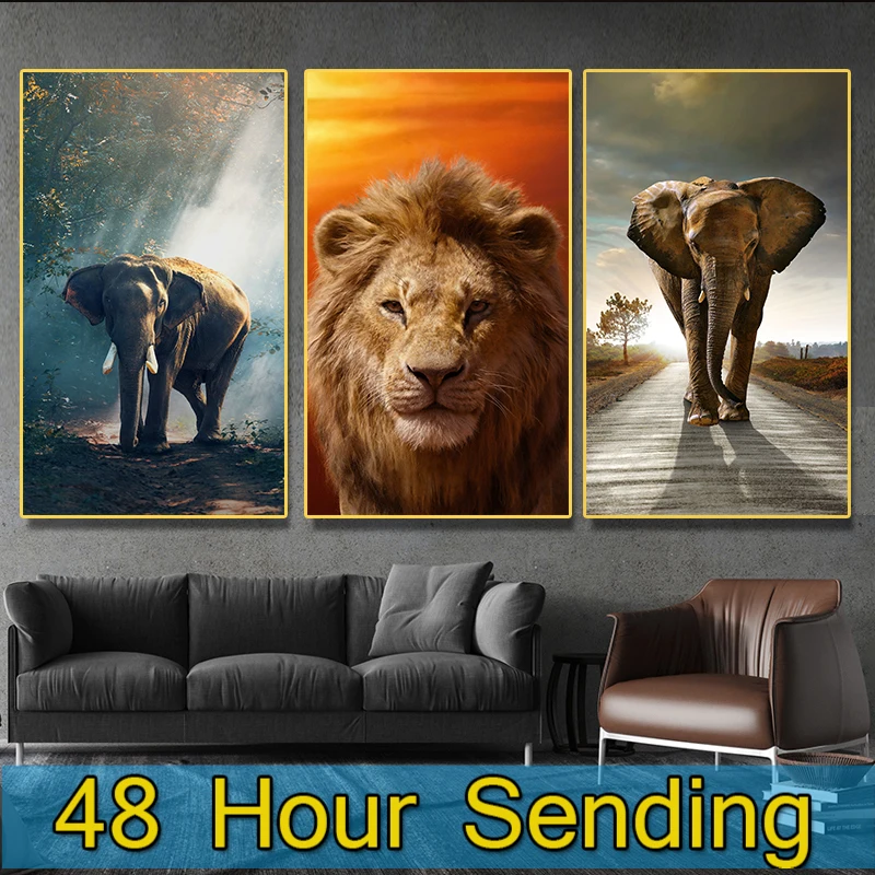 Холст анимале слон картина плакат со львом горизонтальная гостиная украшение
