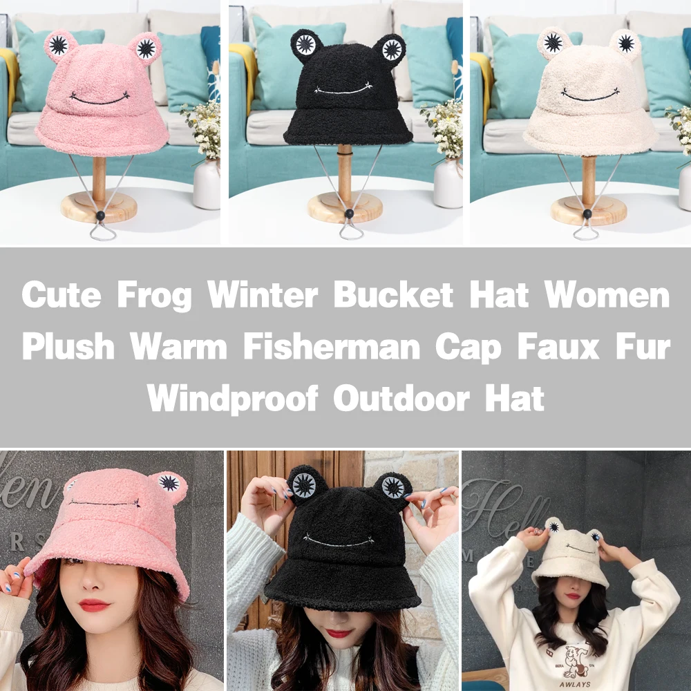 

Lovely Frog Bucket Hat Women Winter Plush Warm Fisherman Cap Faux Fur Windproof Outdoor Hat Casual Cloche Hats