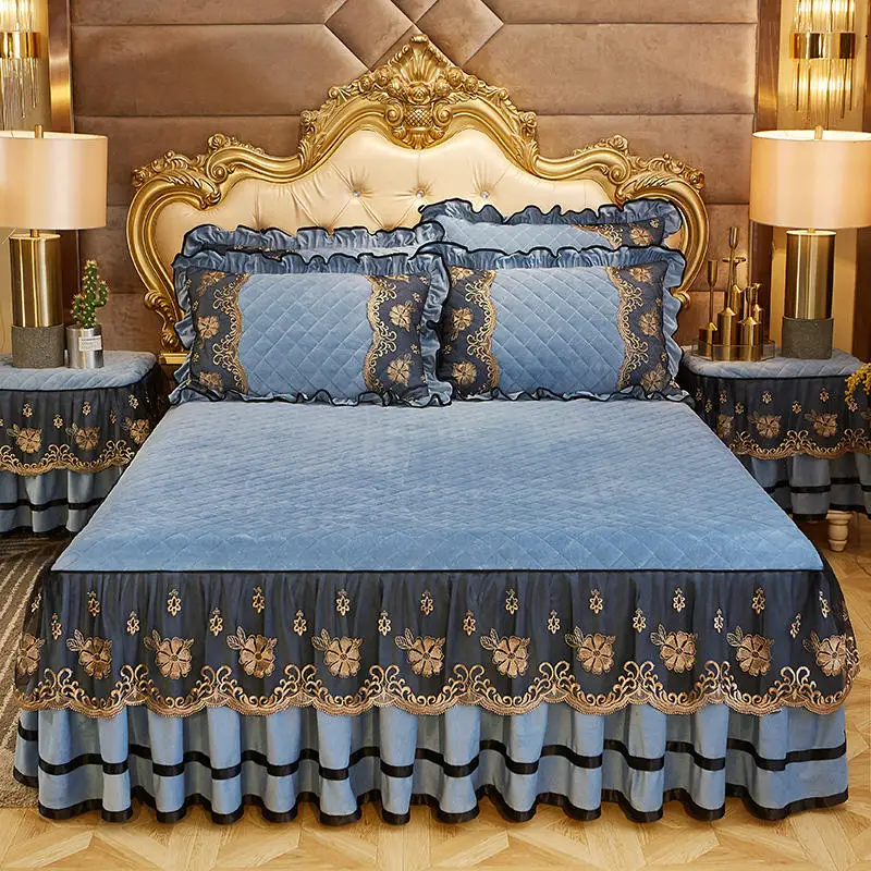 

European Luxury Quilted Bed Skirt Winter Warm Thicken Velvet Bedspread King Good Hand Feeling Bed Skirt Not Included Pillowcase
