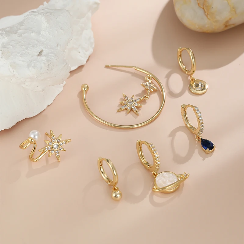 

6pcs/set Gold Small Hoop Earrings for Women Star Pearl Planet Pendant Earrings Zircon Crystal Drop Earrings Fashion Design Gift