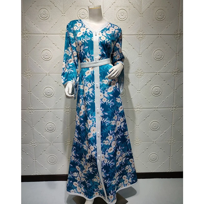 

Sweet Floral Arabic Long Dress for Women Fashion Ribbon Trim V Neck Full Sleeve Jalabiya Muslim Robes