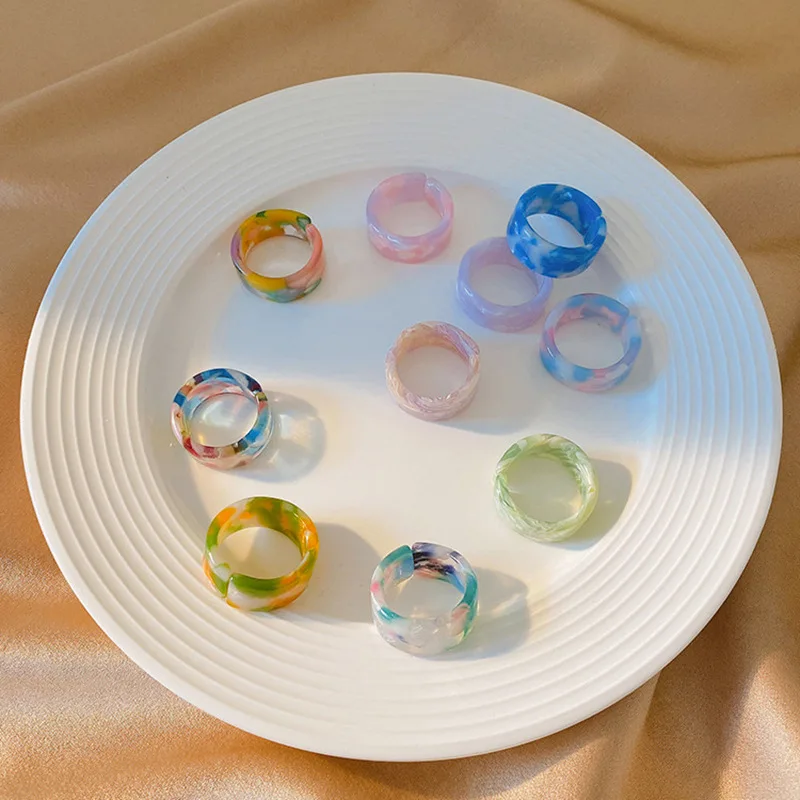 

2021 New Korean Style Ins Vintage Resin Colorful Rings for Women Simple Geometric Round Finger Ring Girl Fashion Jewelry Gifts