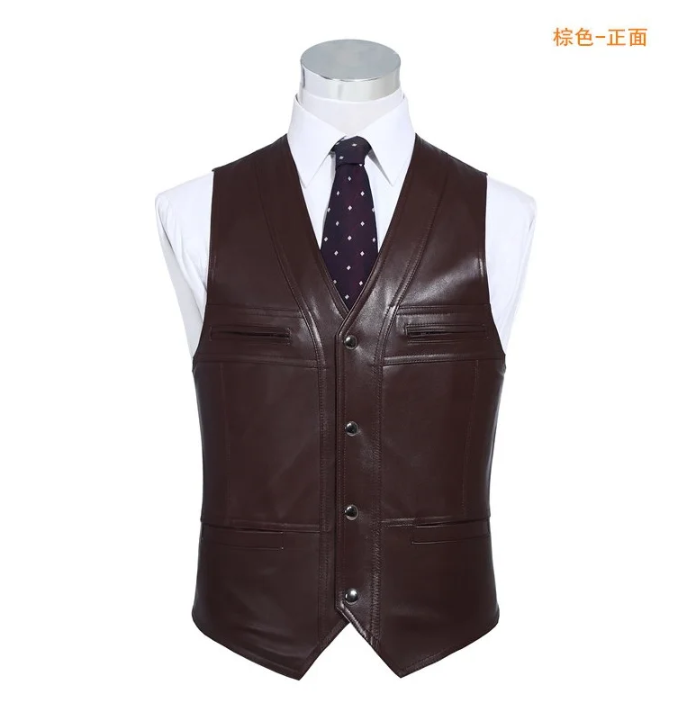 Men's Genuine Gentleman Business Casual Slim Fit Sheepskin Real Leather Waistcoat Tank Top Sleeveless Jacket Vest