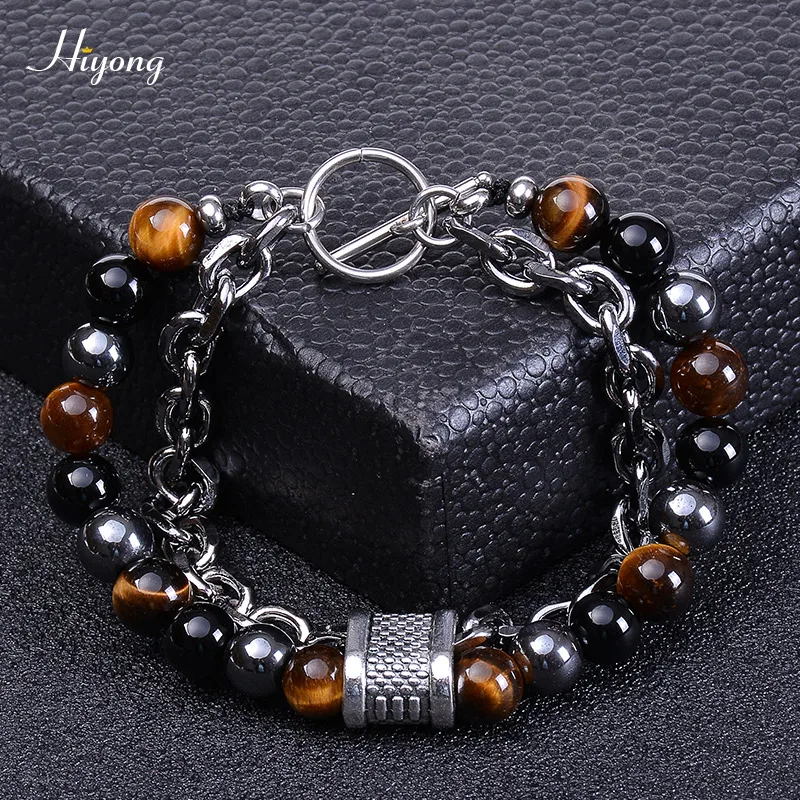HIYONG Lava Rock бисерный браслет для мужчин натуральный камень тигровый глаз браслет из нержавеющей стали браслеты на цепочке мужские ювелирные изделия подарки - Окраска металла: Men Bracelet