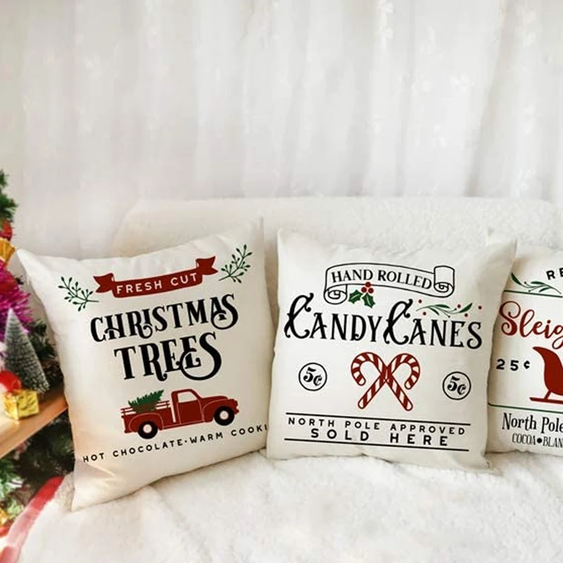 

Farmhouse Christmas Throw Pillow Cover Cushion Case for Sofa Couch 18 x 18 Inches Linen Set of 4