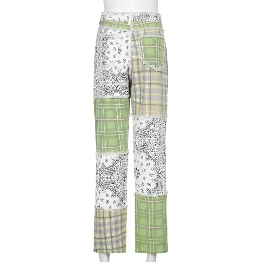 

Patchwork Vintage Checkered Jeans Women Print High Waist Straight Denim Pants Ladies Fashion Denim Trousers Female p2084