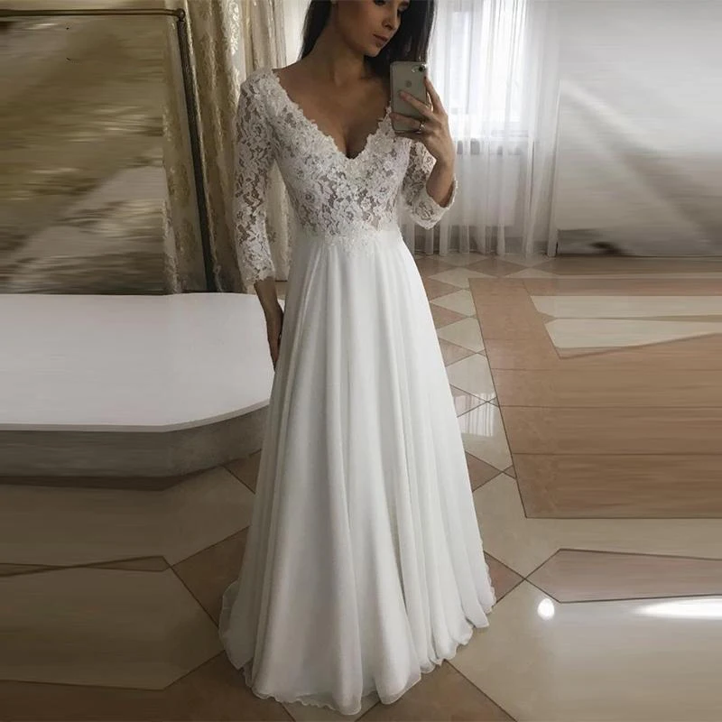 

Strand Boho Trouwjurk 2020 V-Hals Kant Met Applicaties Bruidsjurken 3/4 Mouwen A-lijn Bruidsjurken Robe De Mariage Custom